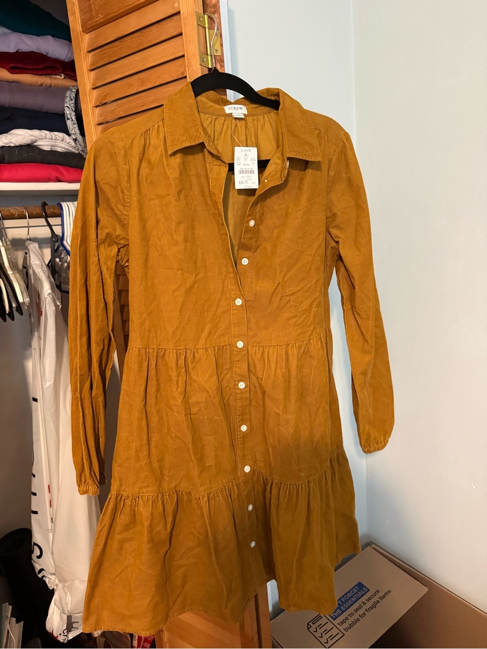 J. Crew Mustard Corduroy Tiered Button-Front Dress
